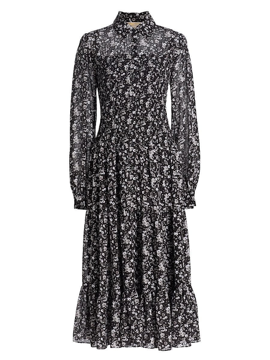 Women's Floral Smocked Midi-Shirtdress - Gunmetal - Size Large