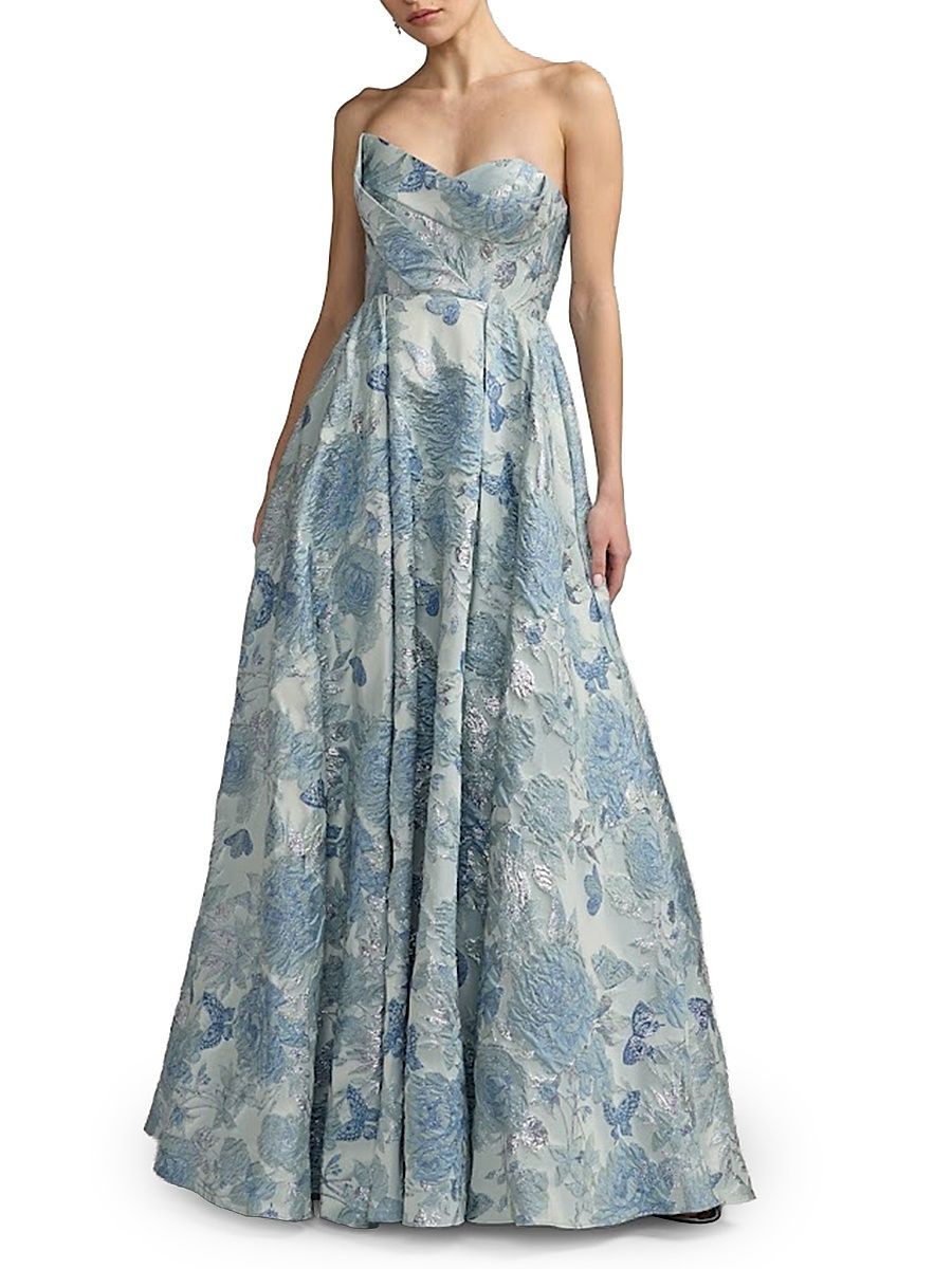 Women's Floral Brocade Strapless Fit & Flare Gown - Seafoam - Size 16