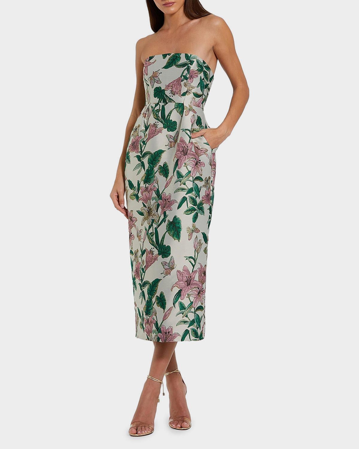 Floral Brocade Strapless Midi Dress