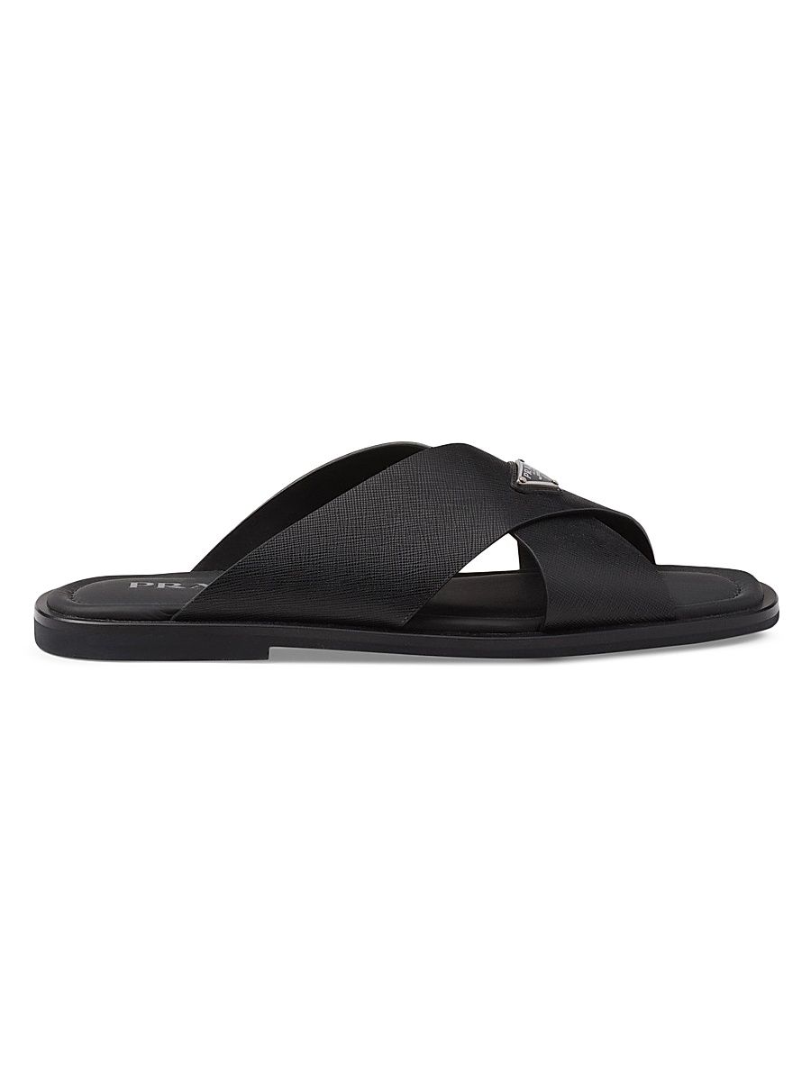 Men's Saffiano Leather Crisscross Slides - Black - Size 8.5