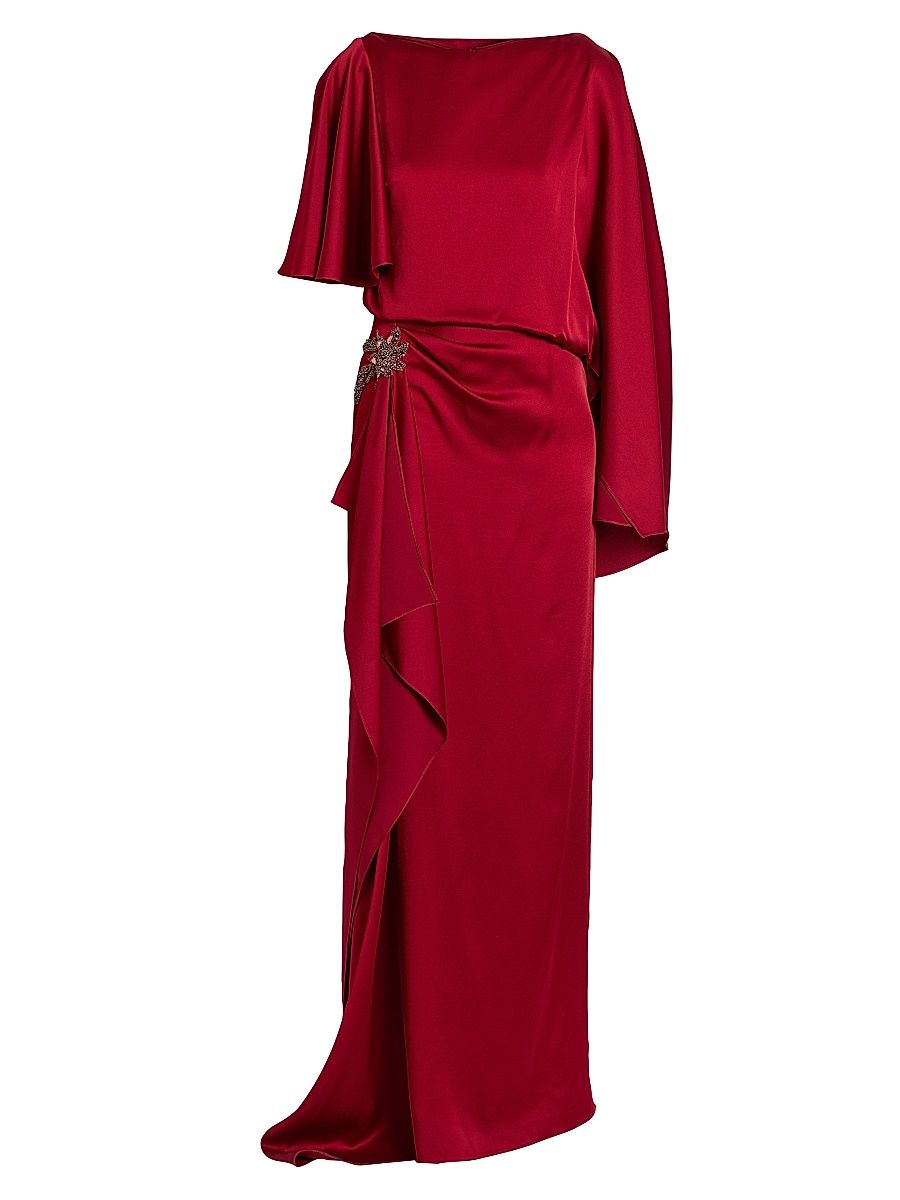 Women's Satin Embellished Draped Gown - Ruby Red - Size 10