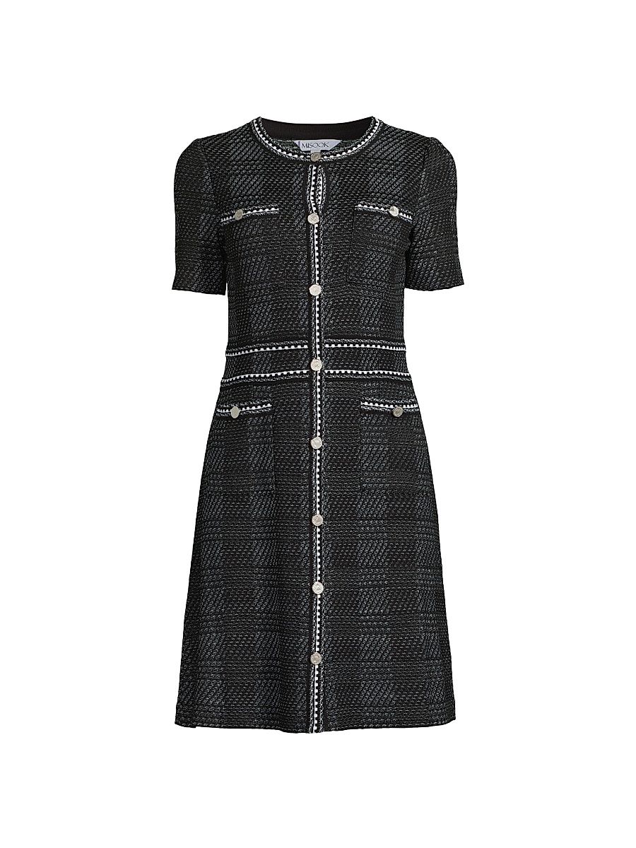 Women's Bold Plaid Tweed Knit Sheath Dress - Black White - Size Medium