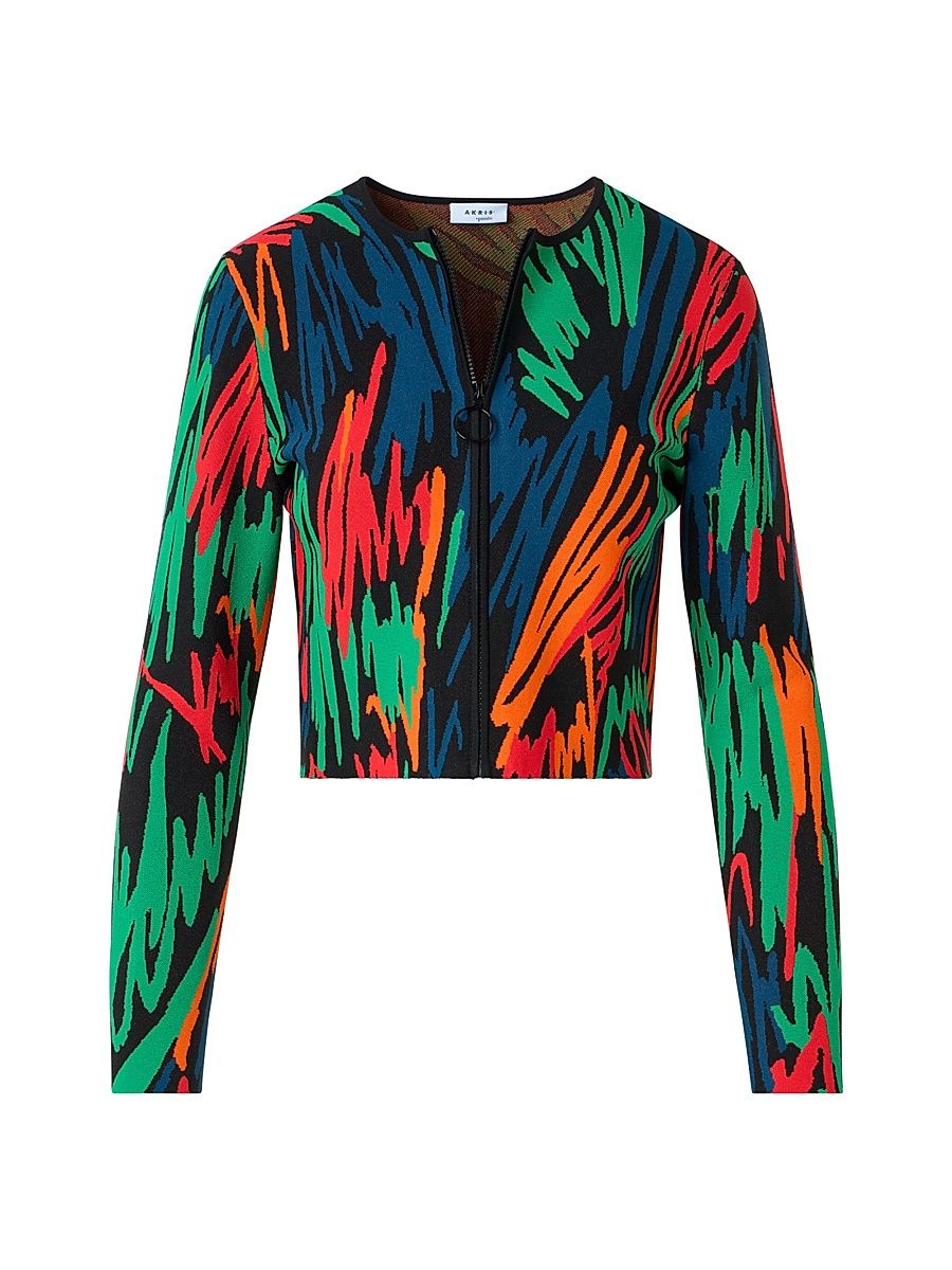 Women's Scribble Jacquard Knit Zip-Front Cardigan - Black Multi - Size 14