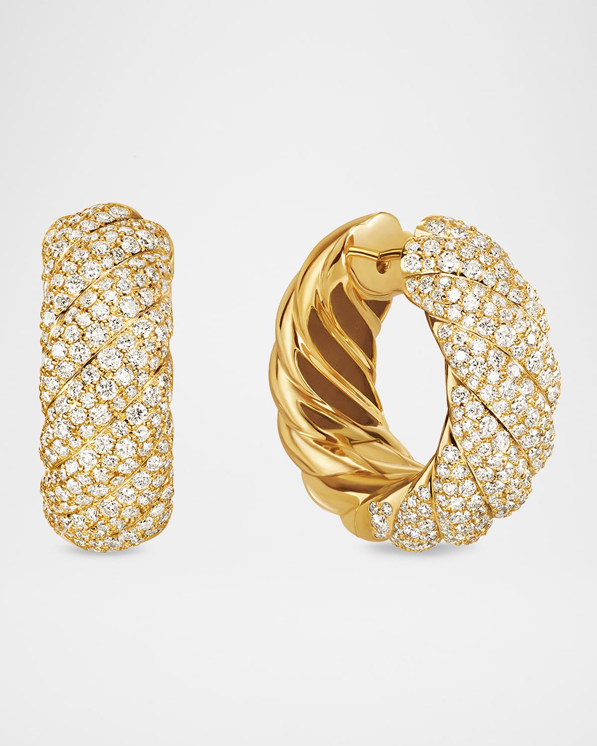 Sculpted Cable Hoop Earrings with Diamonds in 18K Gold, 9mm, 1"L