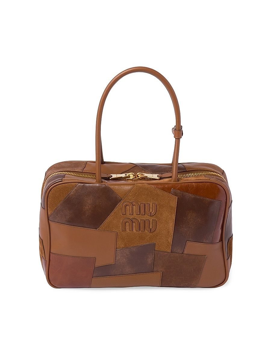 Women's Leather Patchwork Beau Top Handle Bag - Brown