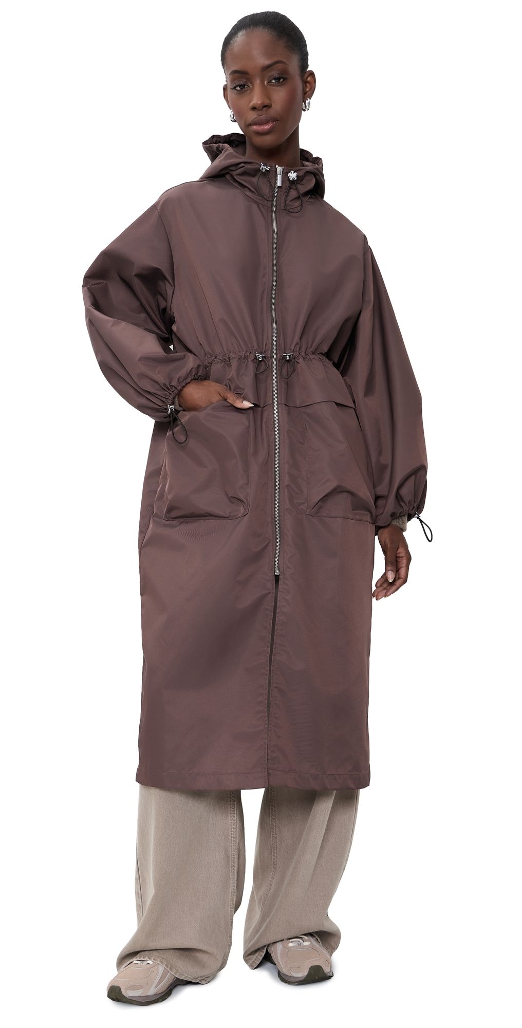 MEIMEIJ Techno Long Jacket with Hood and Cinched Waist Chocolate Lab 44