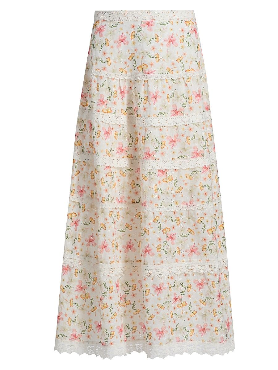 Women's Floral Crochet-Trim Midi-Skirt - Ecru Multi - Size Large