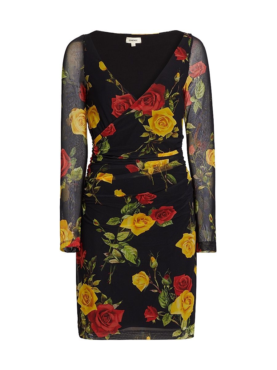 Women's Reiner Floral Faux-Wrap Minidress - Black Red Yellow Rose - Size 6