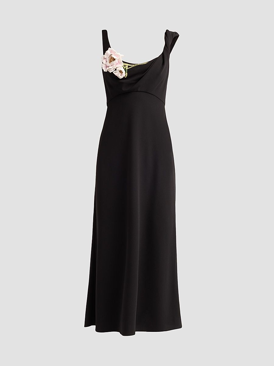 Women's Peony-Embroidered Twist Midi Dress - Black - Size 14
