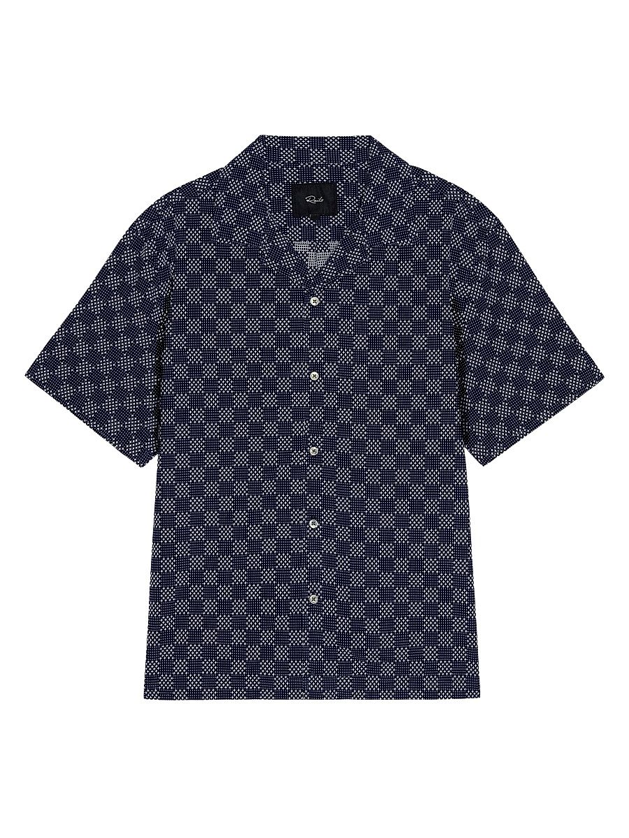 Men's Kin Check Cotton Camp Shirt - Navy Sashiko - Size XL