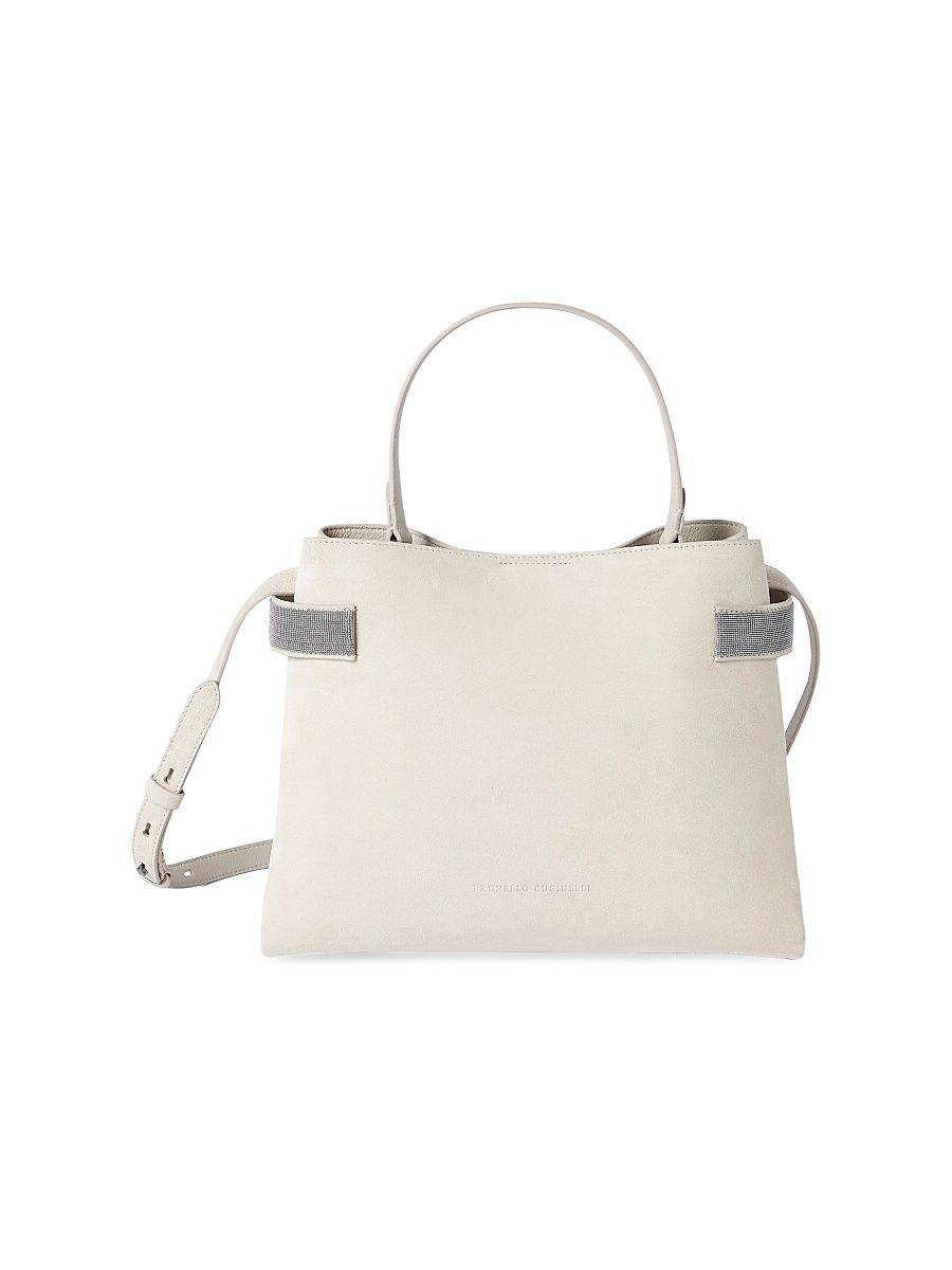 Women's Essence Top Handle Bag in Suede with Precious Bands - Ivory