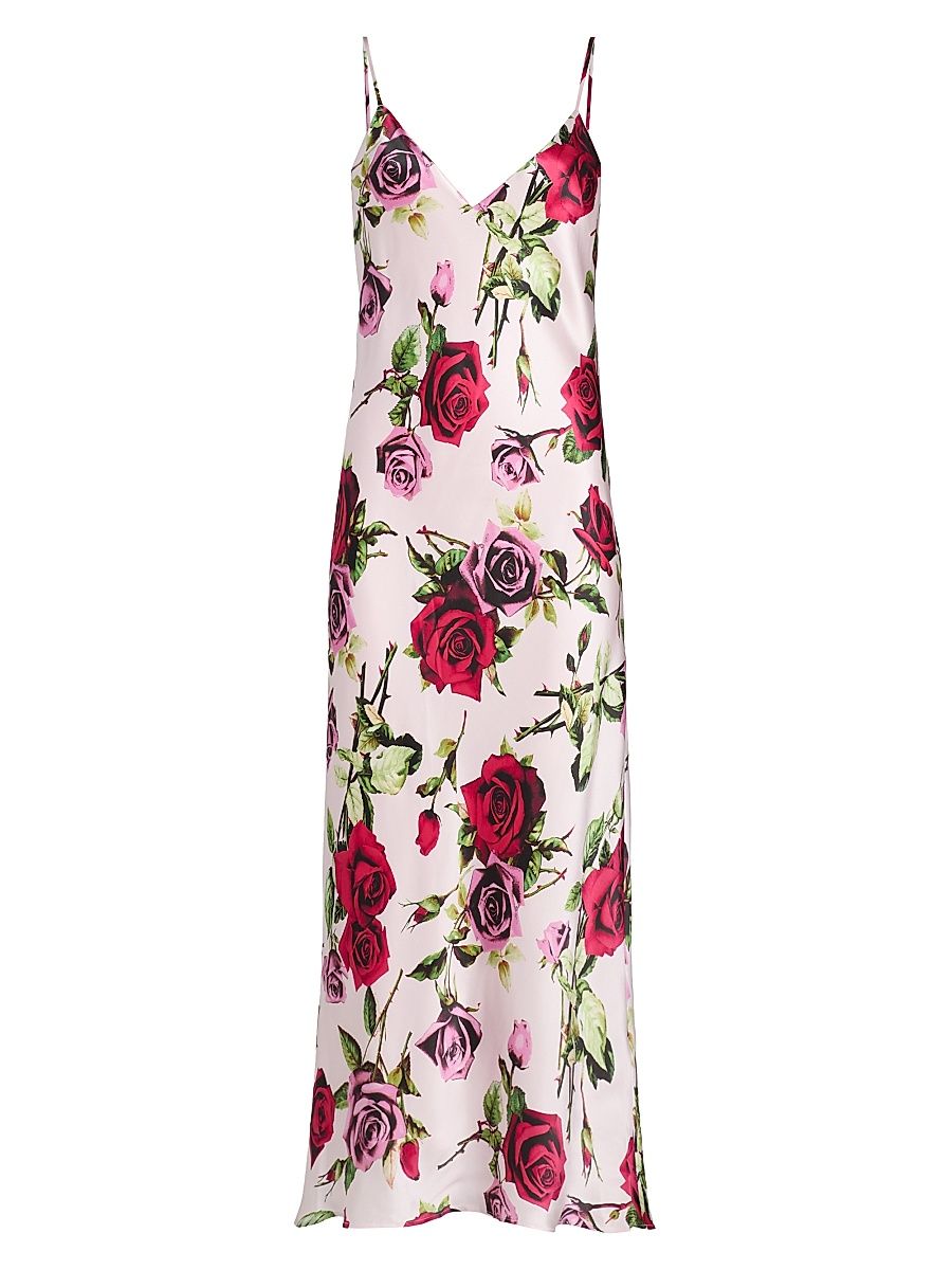 Women's Seridie Rose Print Silk Midi-Slipdress - Pink Multi Romantic Rose - Size 16