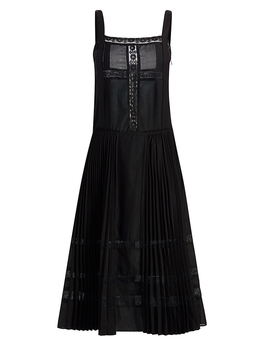 Women's Pleated Lace-Trimmed Midi-Dress - Black - Size 12