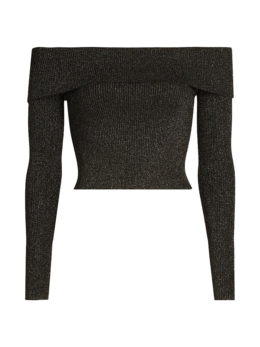 Women's Crush Metallic Off-the-Shoulder Knit Long-Sleeve Top - Black Gold - Size 8