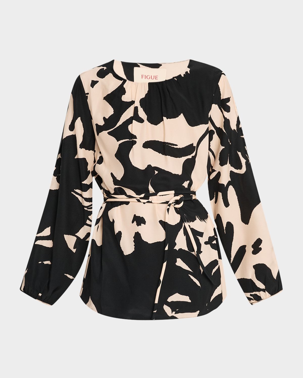 Kasey Floral Belted Slit-Sleeve Silk Tunic