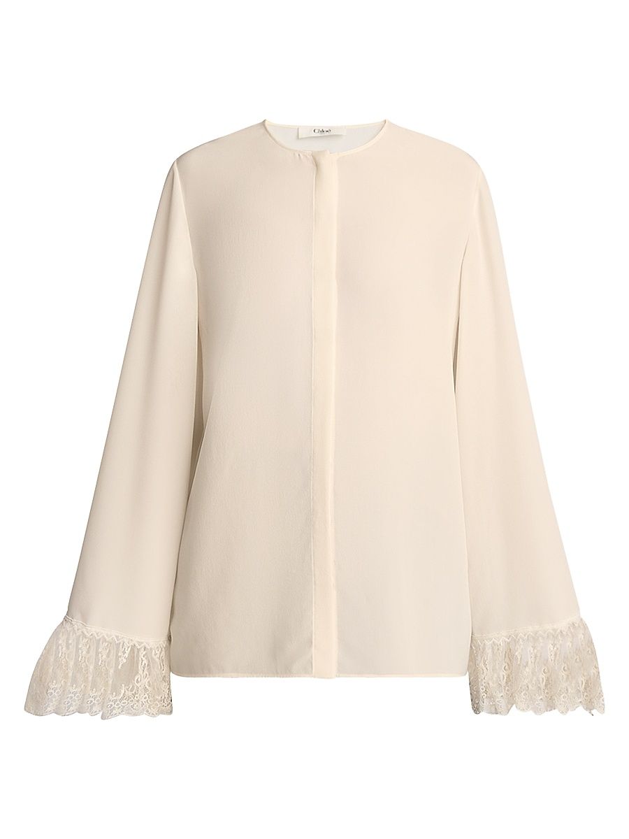 Women's Floral Lace-Trim Silk Round-Neck Blouse - Coconut - Size 8