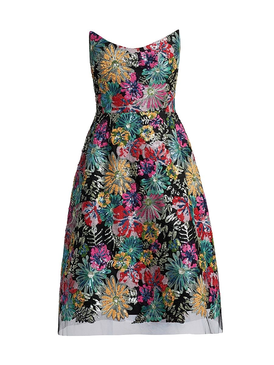 Women's Floral Sequinned Embroidered Tulle Cocktail Dress - Black Multi - Size 18