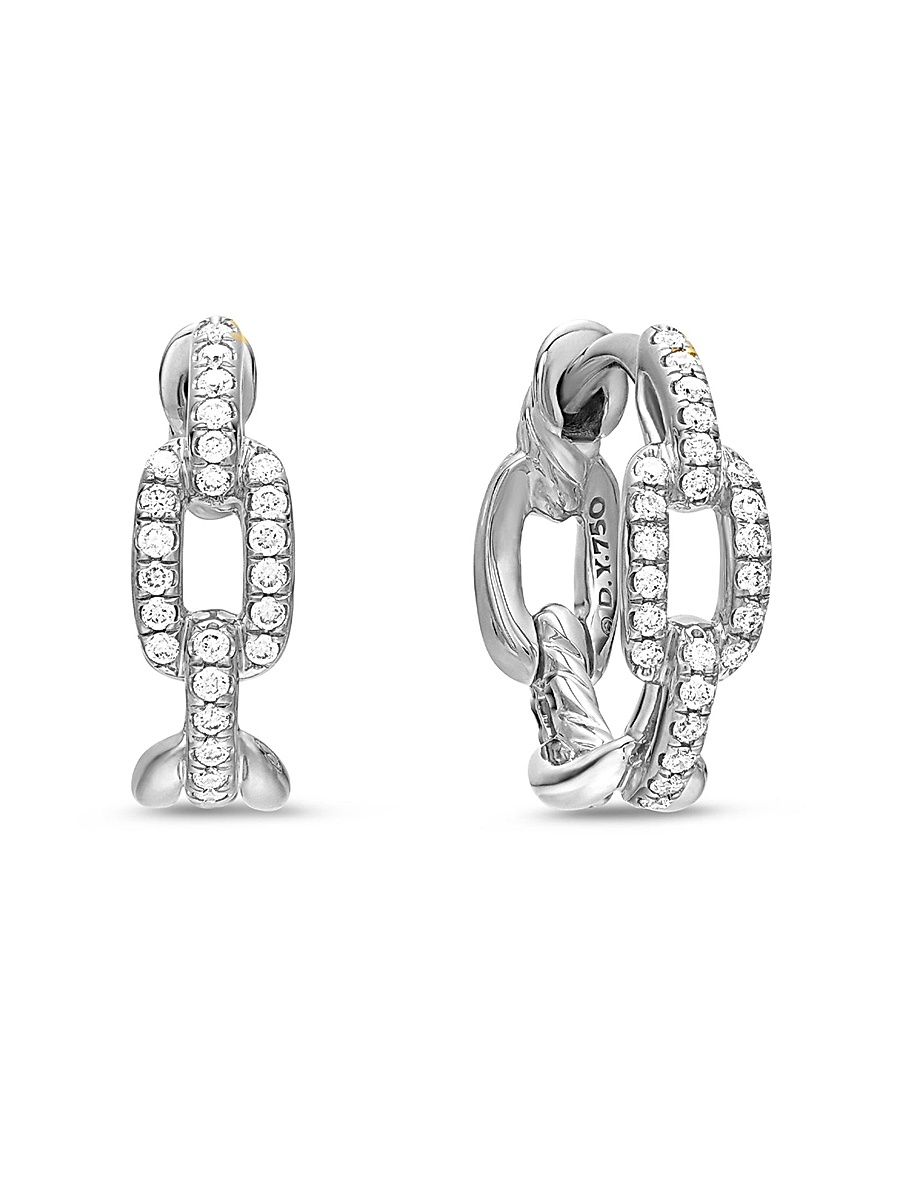 Women's Stax Chain Link Huggie Hoop Earrings in 18K White Gold with Diamonds, 12.5mm - Diamond