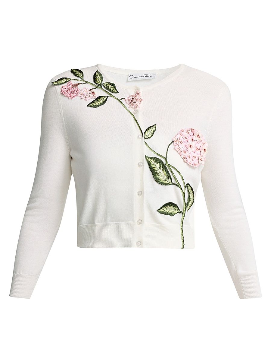 Women's Porcelain Flowers Embroidered Wool Cardigan - Ivory - Size Large