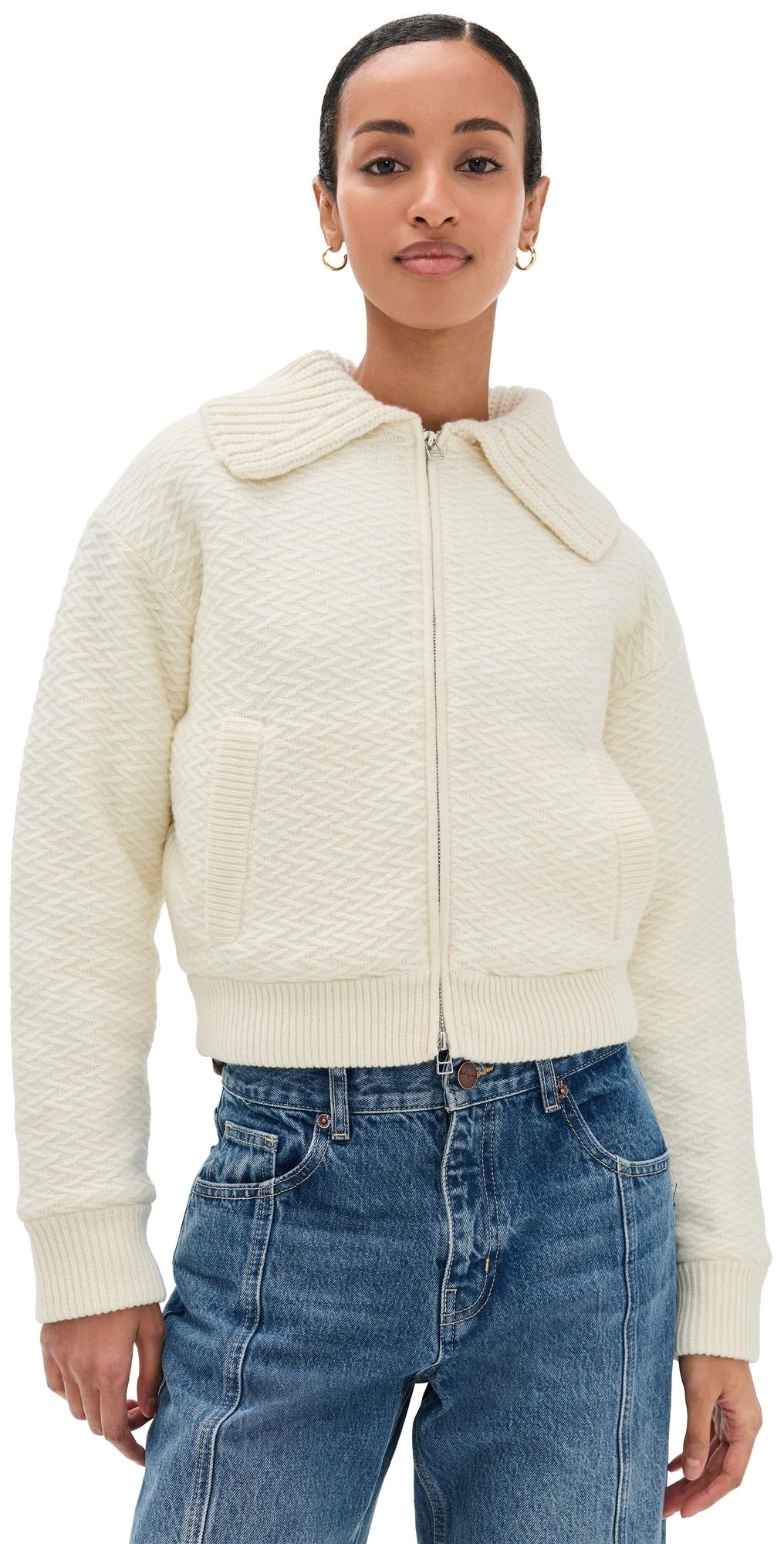 Guest in Residence Cross Country Knit Bomber Jacket Cream XS