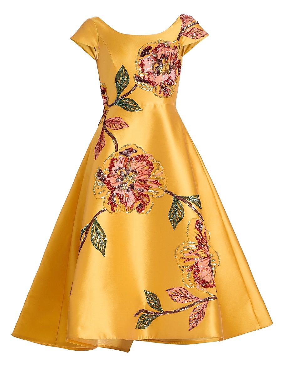 Women's Embellished Floral Mikado Cocktail Dress - Marigold - Size 12