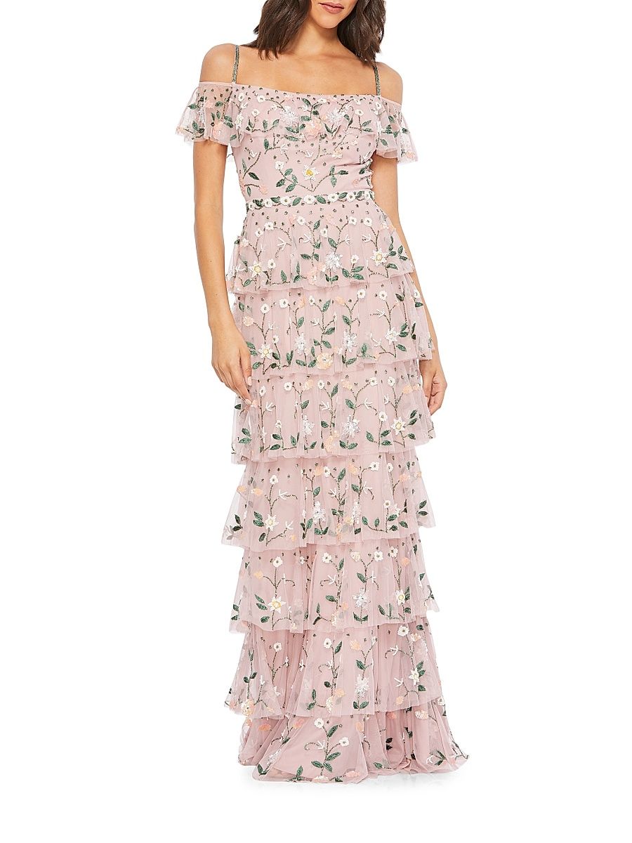 Women's Tiered Bead-Embellished Gown - Mauve - Size 8