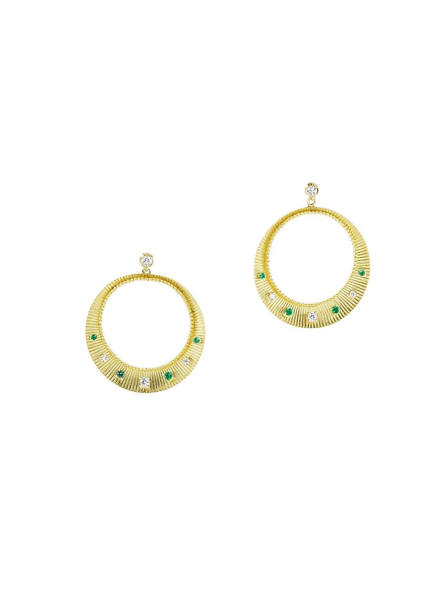 Women's 18K Yellow Gold, Emerald, & Diamond Ridged Drop Earrings
