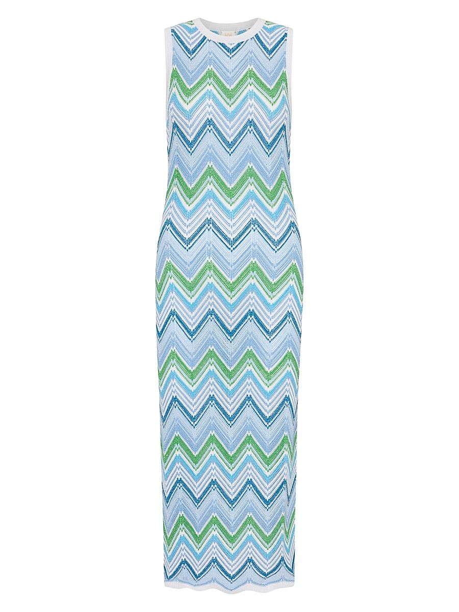 Women's Zigzag Striped Knit Sleeveless Midi-Dress - Blue Multi - Size Large