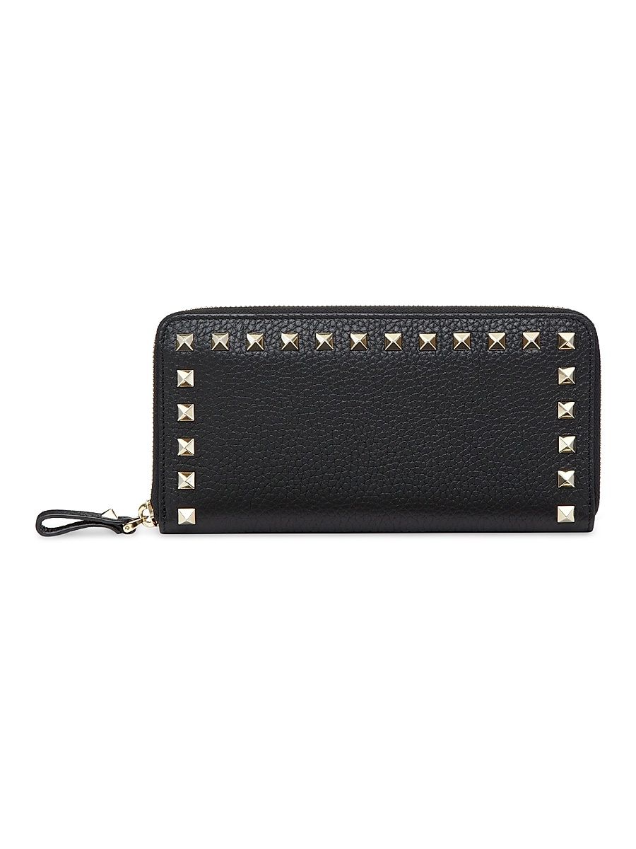 Women's Rockstud Grainy Calfskin Zippered Wallet - Black