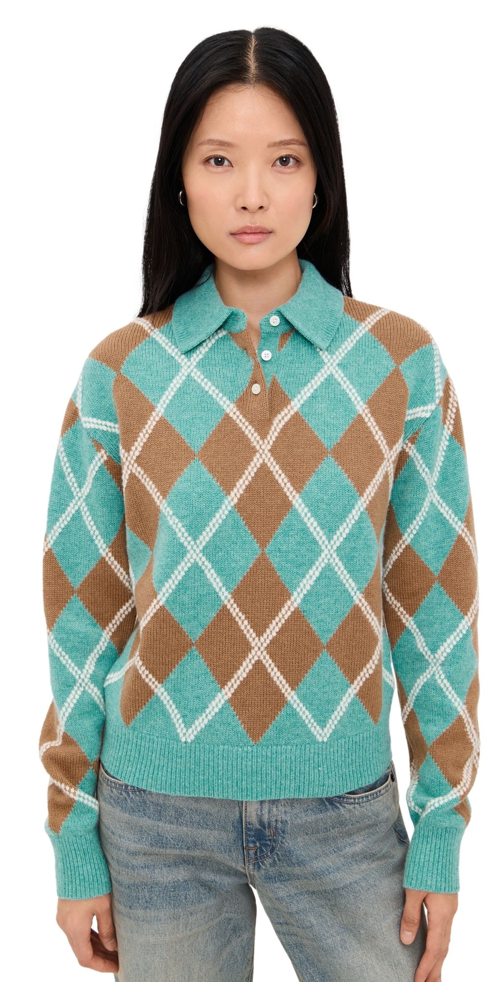 Guest in Residence Collegiate Argyle Polo Sweater Glacier Combo M