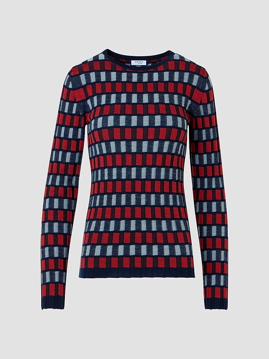 Women's Block Wool Knit Long-Sleeve Top - Navy Rusty Red Light - Size 16