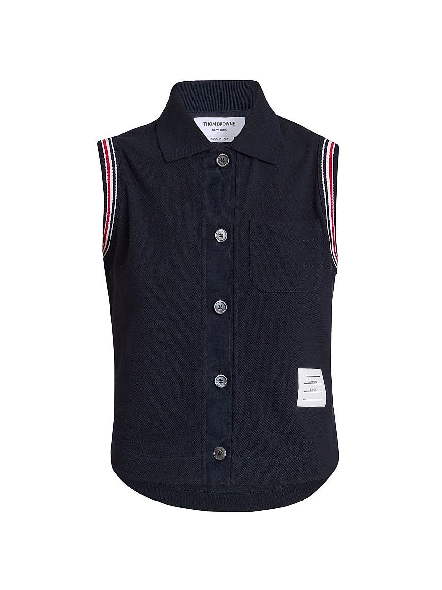 Women's Striped Trim Cotton Sleeveless Shirt - Navy - Size 6