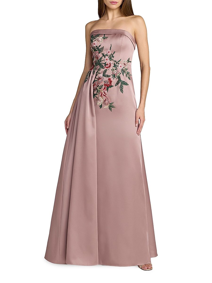 Women's Floral-Beaded Satin Strapless Gown - Mocha - Size 18