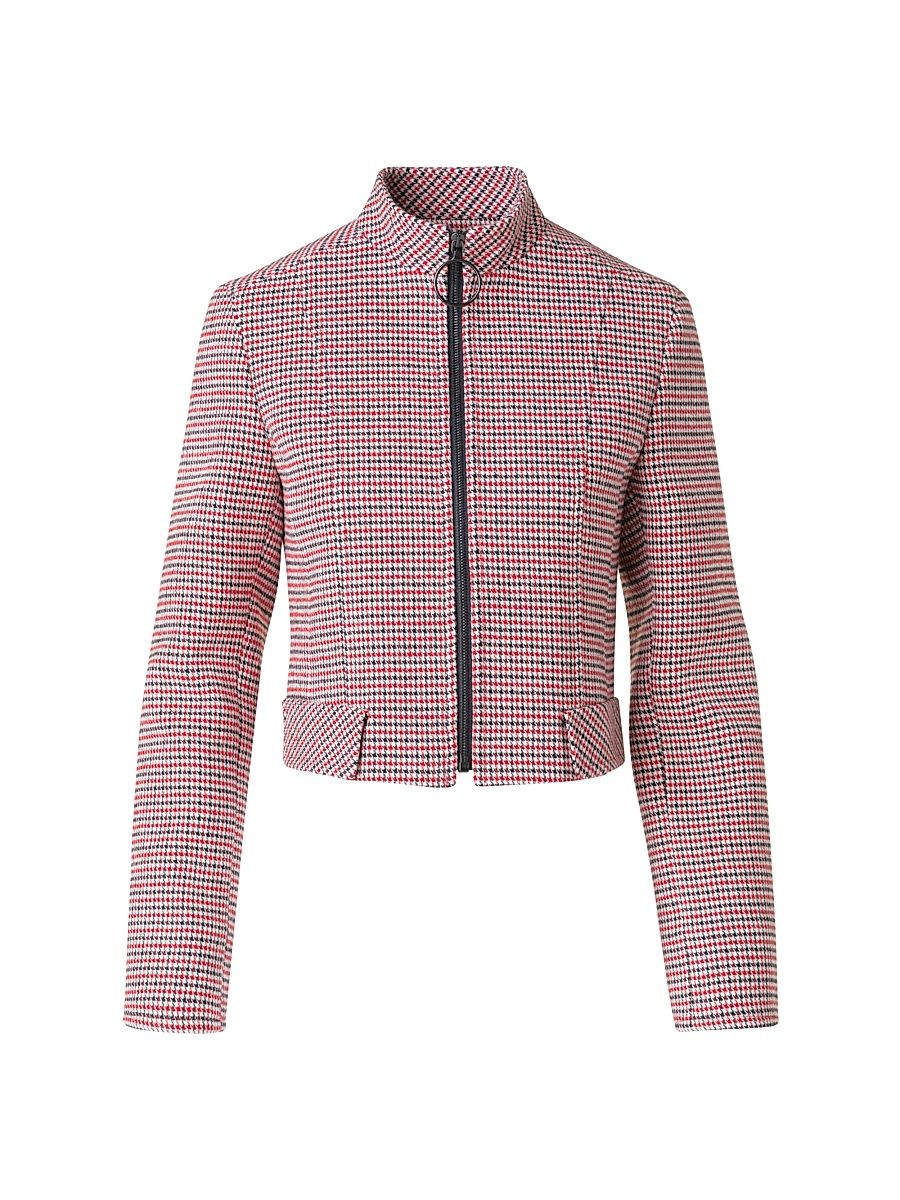 Women's Houndstooth Virgin Wool Crop Jacket - Black Vermillion Cream - Size 10