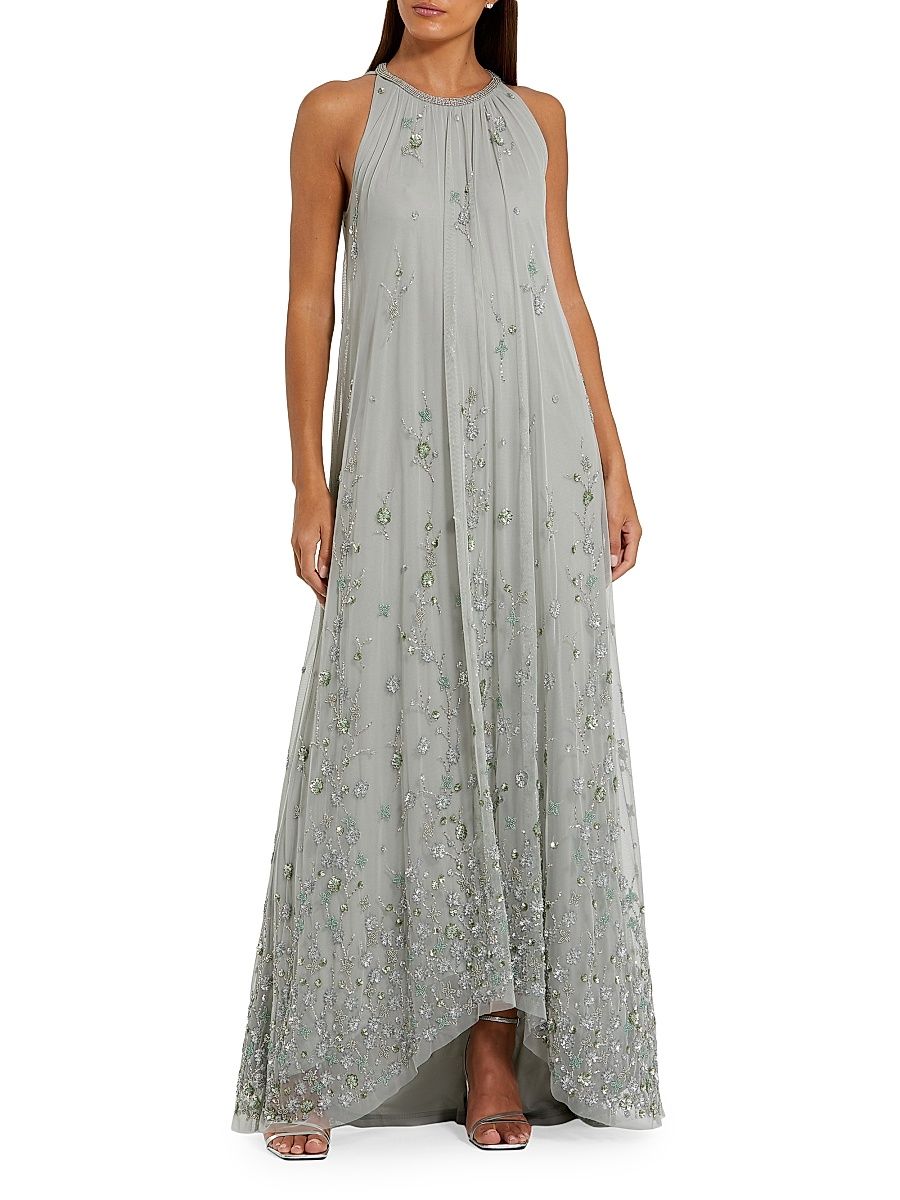 Women's Floral Embellished Mesh Trapeze Gown - Sage - Size 20