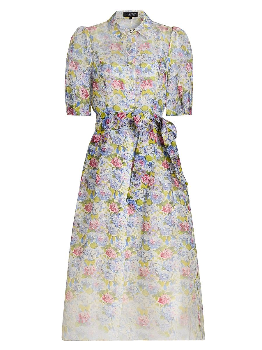 Women's Floral Silk-Linen Puff-Sleeve Shirtdress - Purple Multi - Size 18