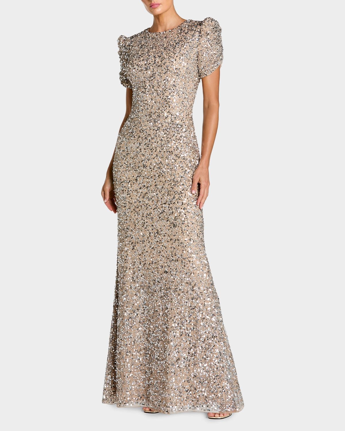 Beaded Mesh Short-Sleeve Gown