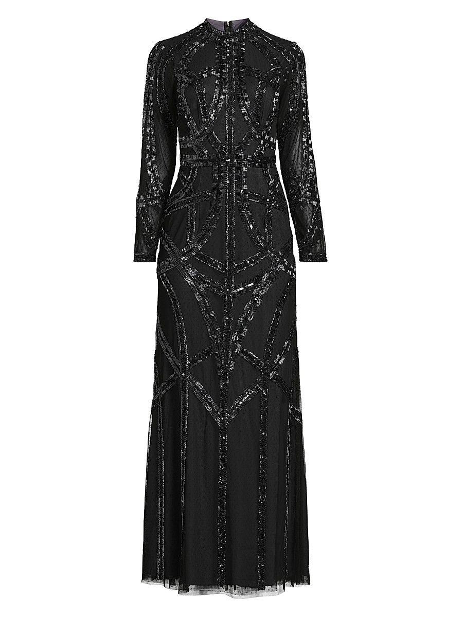 Women's Beaded Mesh Gown - Black - Size 6