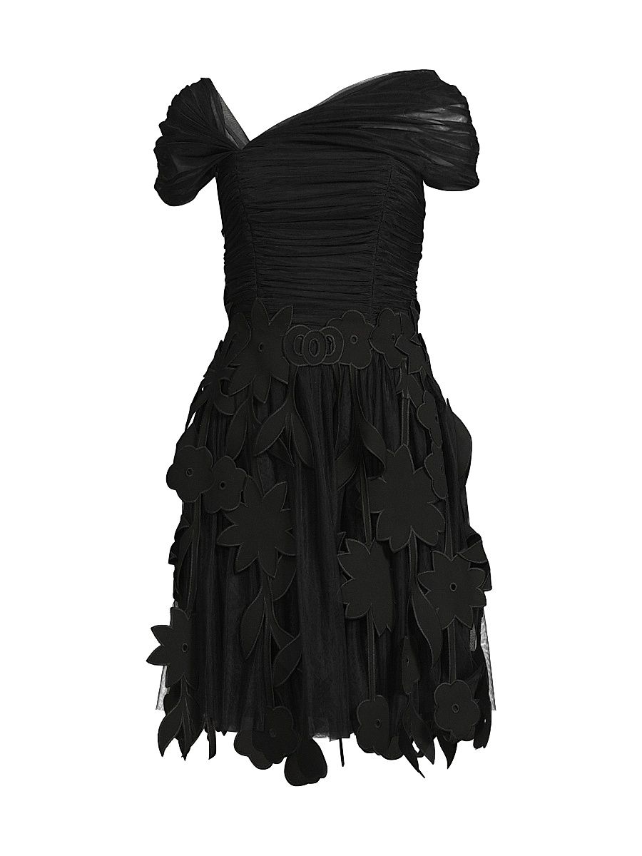Women's Ruched Tulle Laser-Cut Minidress - Black - Size 8