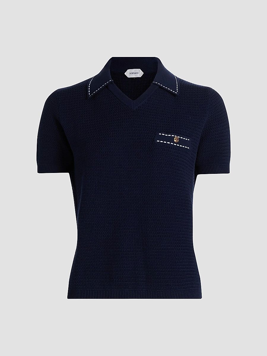 Versace Women's Cotton Knit Polo Top - Navy - Size 10
