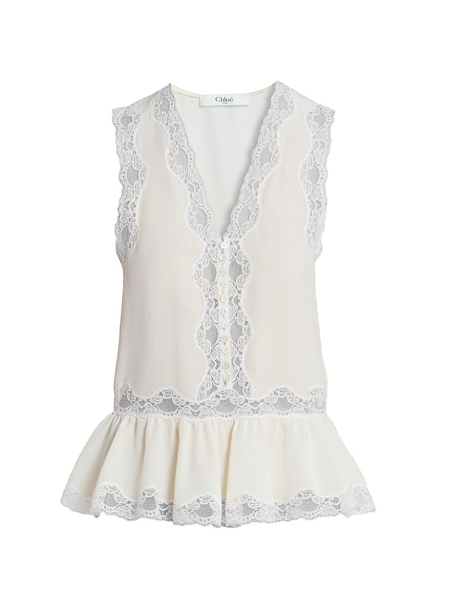 Women's Lace-Trim Sleevless Silk Top - Coconut Milk - Size 6