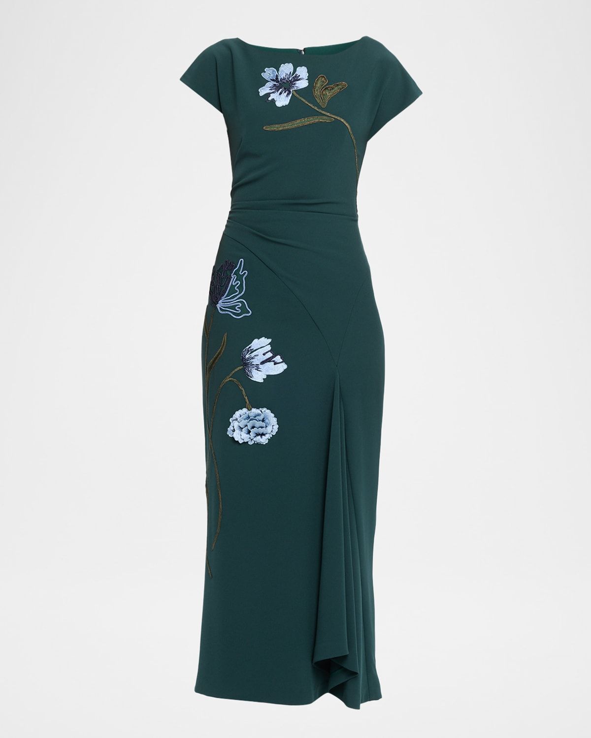Cascade Floral Embroidered Fluid Crepe Midi Dress