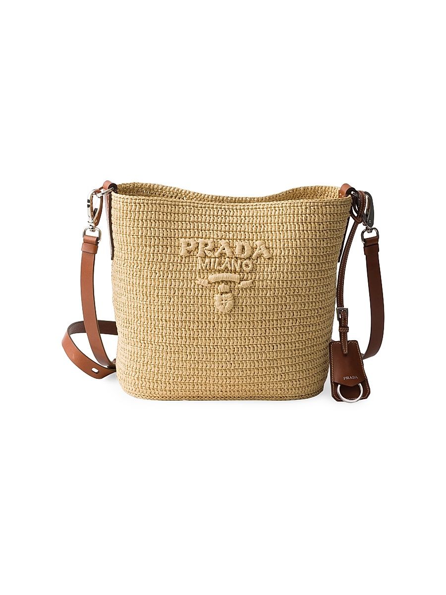 Women's Small Crochet and Leather Bucket Bag - Beige Khaki