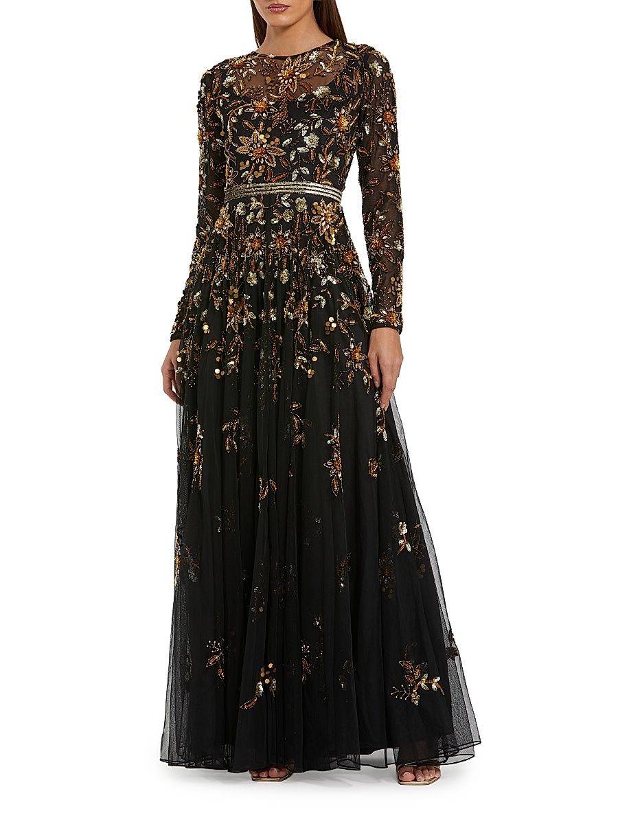 Women's Embellished Chiffon Gown - Black Gold - Size 22