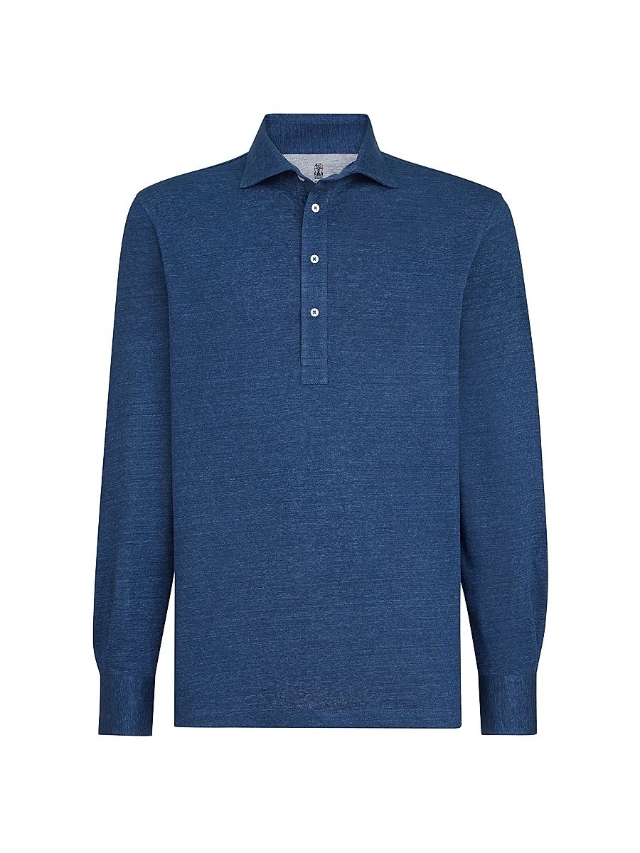 Men's Linen and Cotton Mélange Jersey Long Sleeve Polo Shirt - Denim - Size XXXL