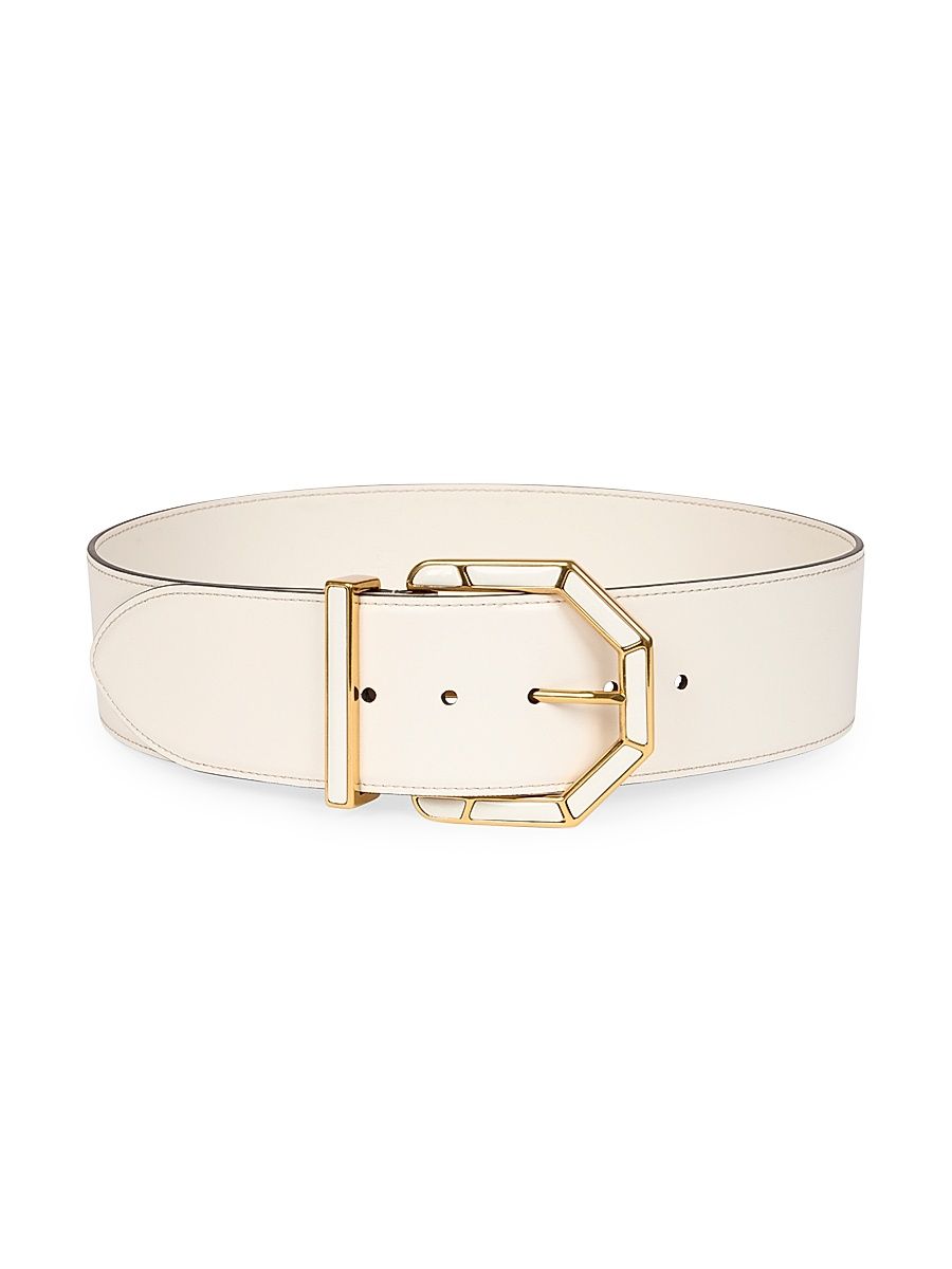 Women's Geometric Buckle Leather Belt - Avorio - Size Large