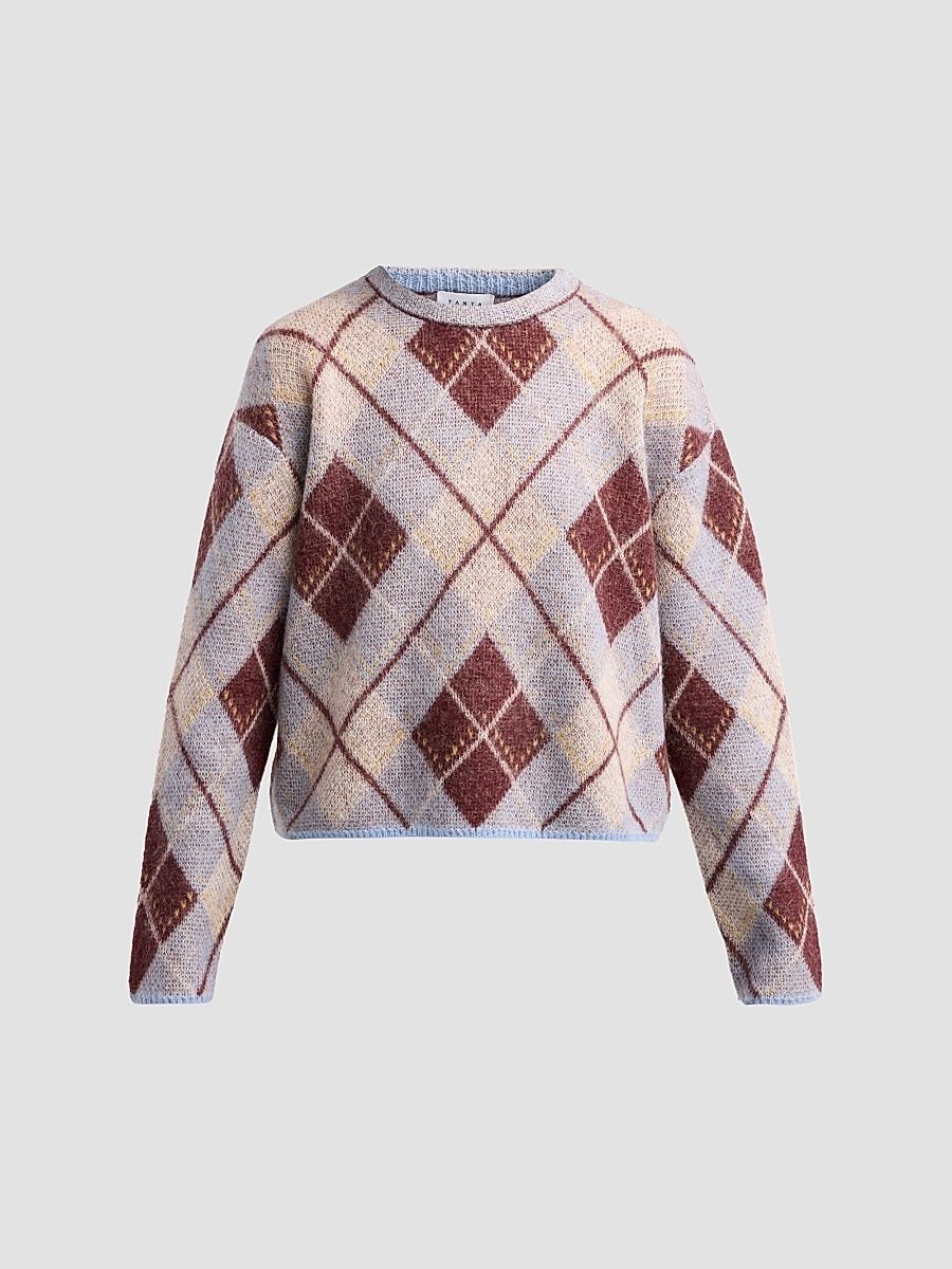 Women's Sybil Argyle-Inspired Crewneck Sweater - Winter Sky Mahogany - Size XL