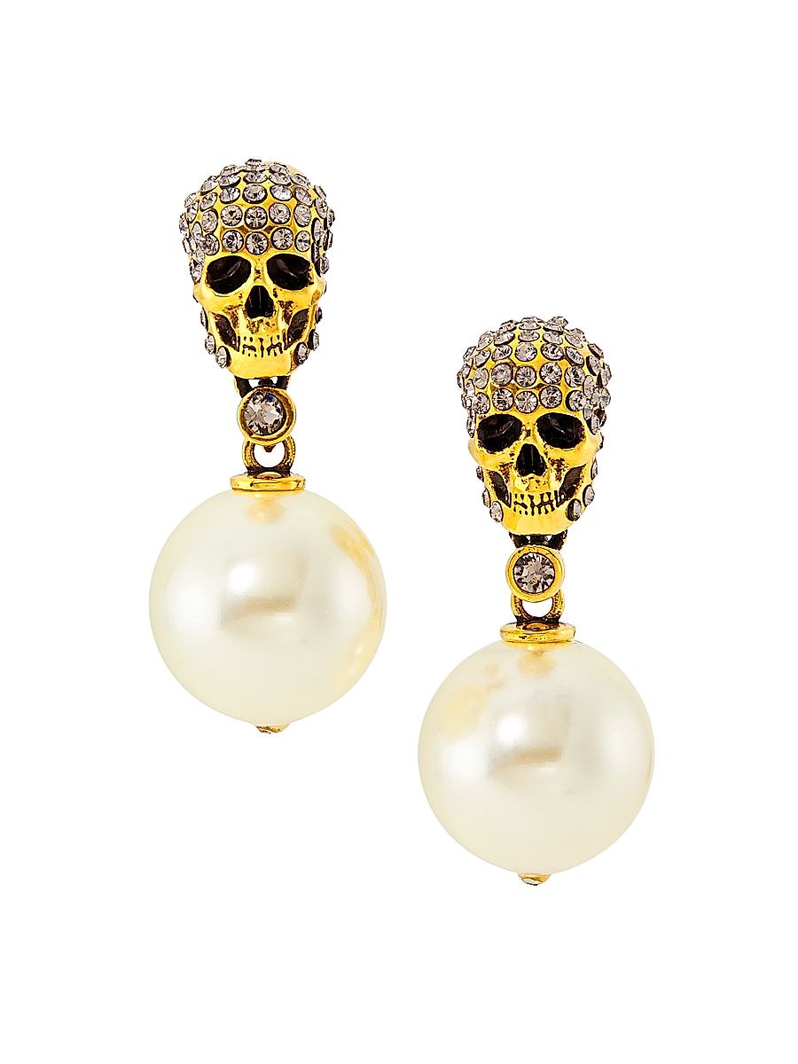 Women's Swarovski Crystal & Faux Pearl Skull Drop Earrings - Caramel