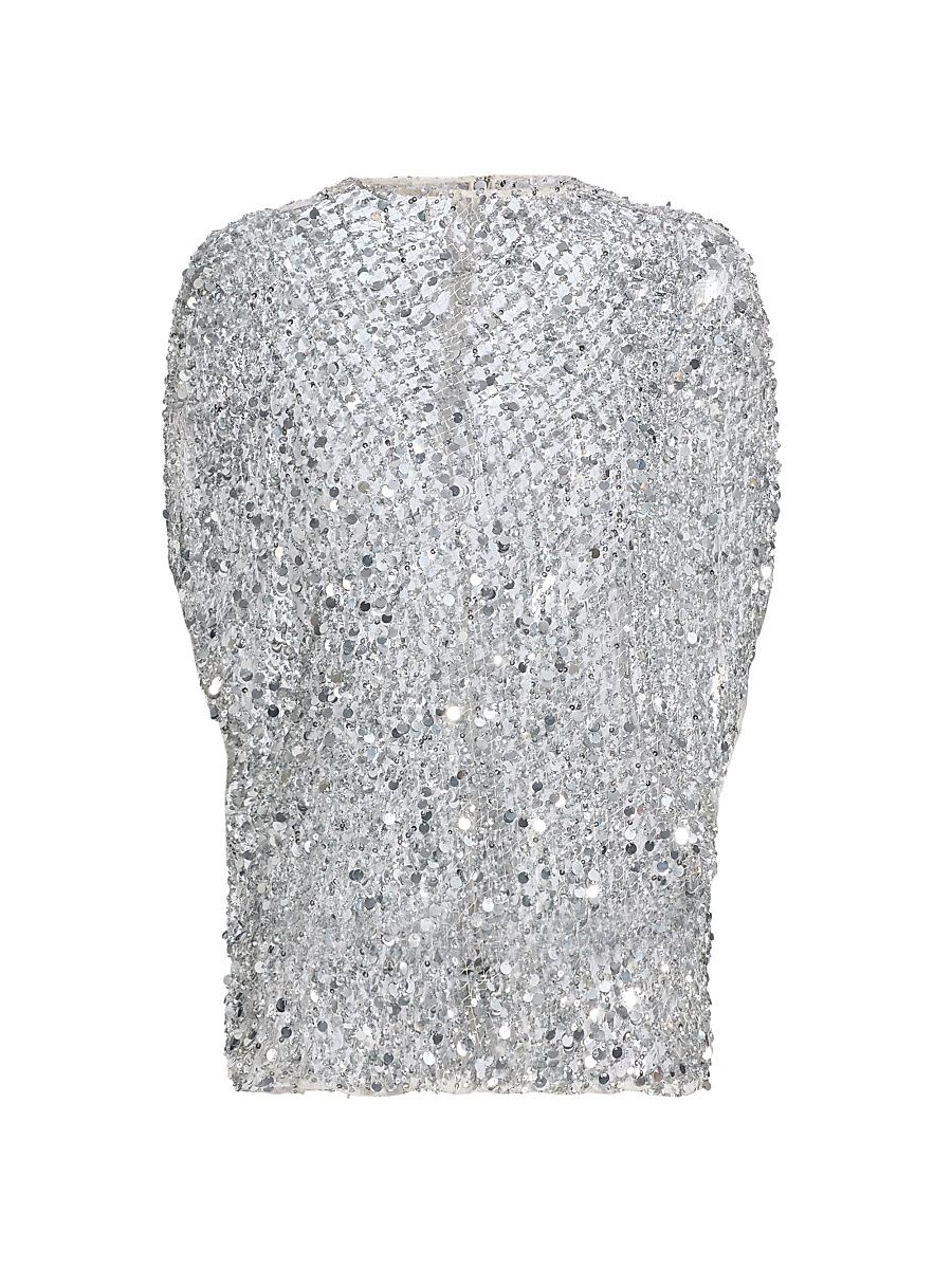 Women's Sequined Net Mesh Cape Top - Silver - Size XL