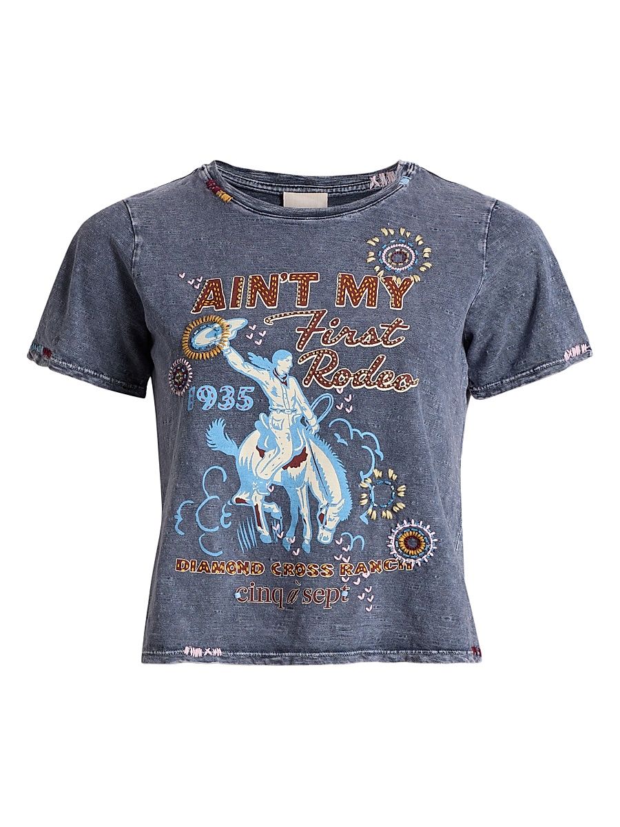 Women's Aint My First Rodeo Embellished Shrunken T-Shirt - Navy Multi - Size XL